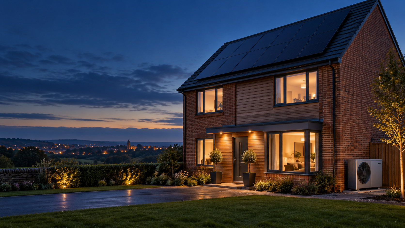 British home fitted with rooftop solar panels and an air-source heat pump